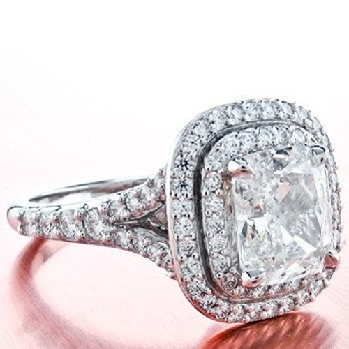 2 Ct Rectangle Cushion Cut Double Halo Engagement Ring / Etsy