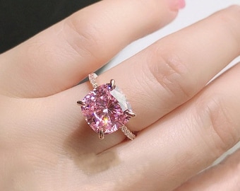 4 carats (10 mm) Pink Cushion Engagement Ring in Rose Gold Plated, Under Halo Statement Ring/ Anniversary Ring/ Promise Ring