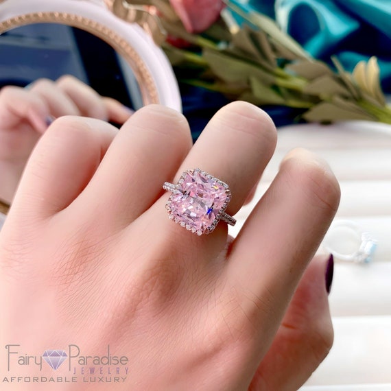 4 Carats 11 10 MM Radiant Cut Halo Pink Engagement Ring With Man