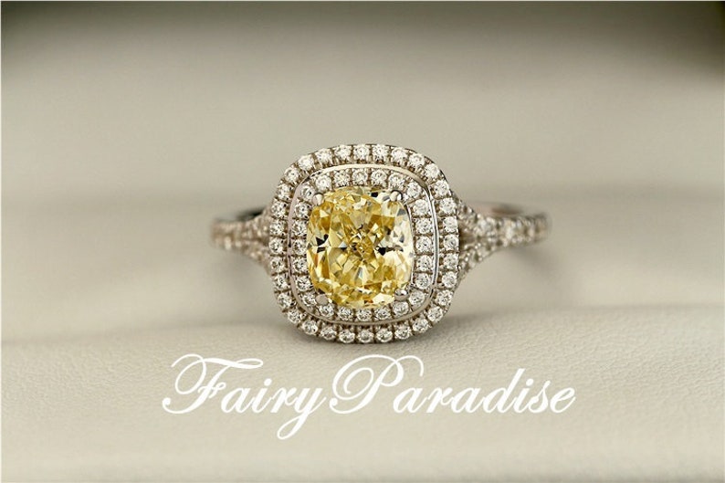 2 Carat Yellow Diamond Double Halo Ring Rectangle Cushion Cut Etsy