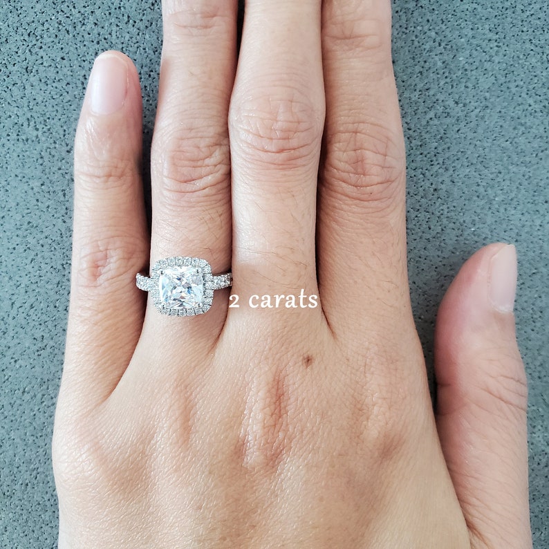 1 Carat or 2 Carat Cushion Cut Halo Ring in Pave Band Promise ring for her Alternative Ring Man Made Diamond Simulants Sterling Silver