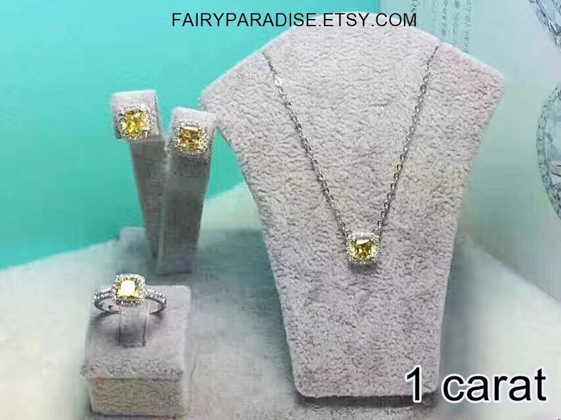 Yellow Cushion Halo Bridal Wedding Jewelry Set necklace Ring Etsy