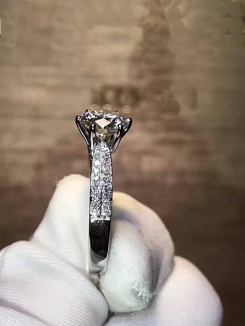 925 sterling silver pave band Free ring box man made diamond 1 Carat Round Solitaire Engagement Ring Promise Ring Wedding Ring