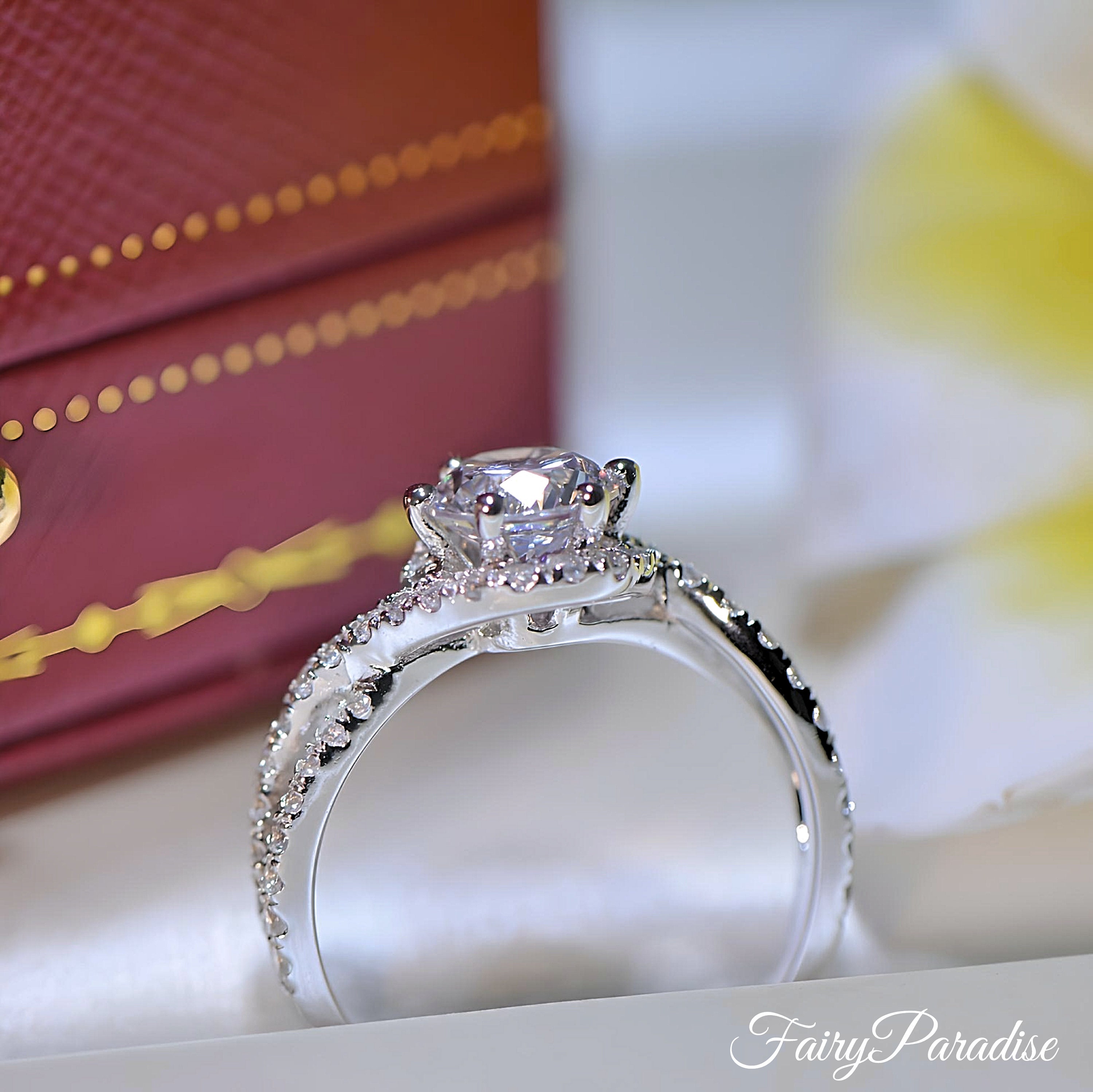 1 Carat Bypass Crossover Engagement Her Halo in - Promise With Etsy Diamond Ring for Silver Twist Simulants, Finest Ring