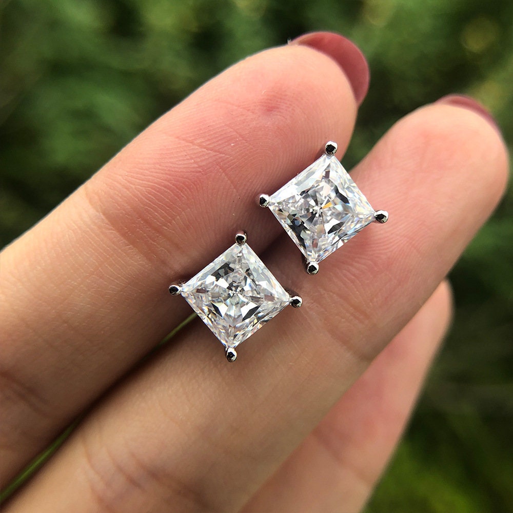 14k White or Yellow Gold Princess Cut Gemstone Square Stud Earrings for
