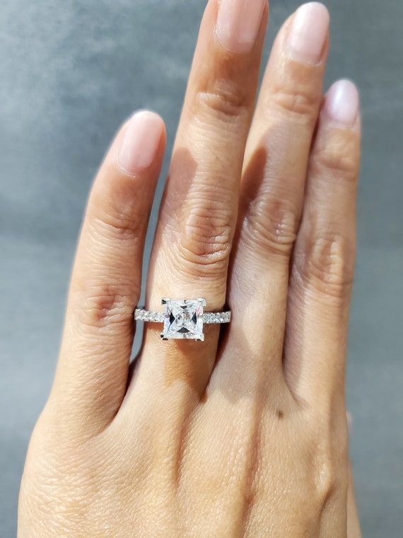 Art Deco Filigree Design Lab Diamond Princess Cut Engagement Ring 14K White  Gold - Camellia Jewelry
