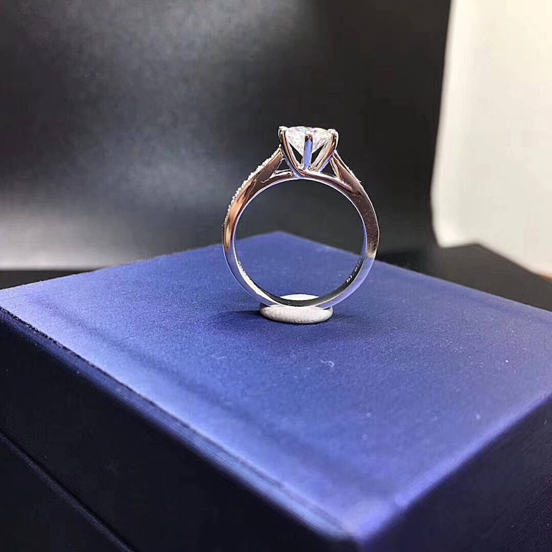925 sterling silver pave band Free ring box man made diamond 1 Carat Round Solitaire Engagement Ring Promise Ring Wedding Ring