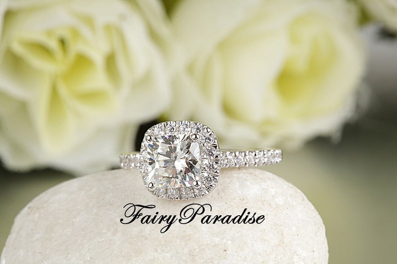 Sterling Silver Square Halo Ring 1 Carat Cushion Halo Engagement Ring Dainty Promise Ring for Her Man Made Diamond Wedding Bridal Ring