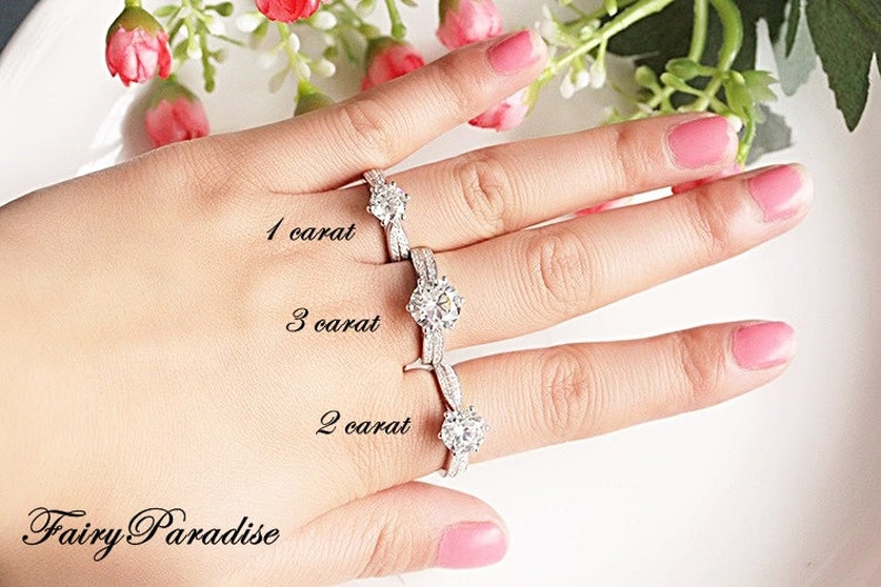 925 sterling silver pave band Free ring box man made diamond 1 Carat Round Solitaire Engagement Ring Promise Ring Wedding Ring