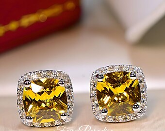 3 Carats Canary Yellow Diamond Halo Stud Earrings in Sterling Silver - Luxury Bridal Jewelry Gift, Bold Statement Earrings for women