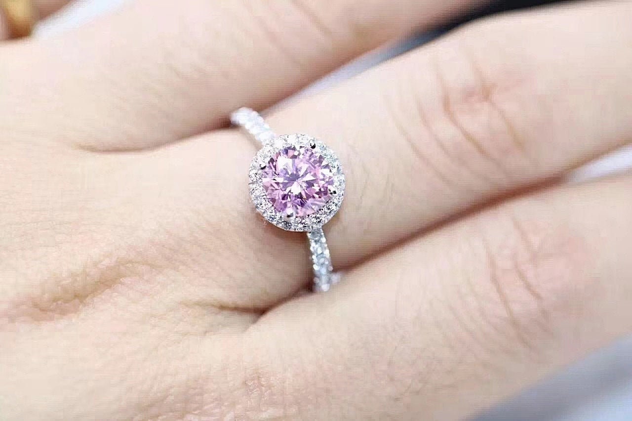 1 Carat Pink Halo Ring/ 1 ct Pink Halo Engagement Ring / Round | Etsy