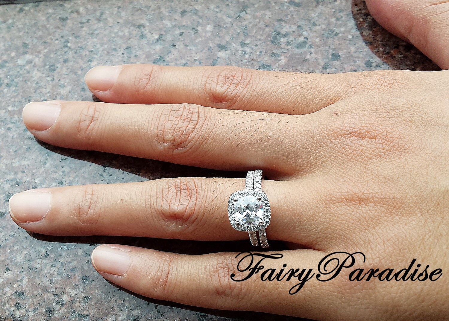 2 Carats Square Cushion Halo Engagement Ring Set in Sterling Etsy