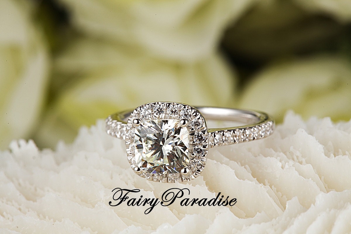 2 Carats Square Cushion Halo Engagement Ring Set in Sterling Etsy