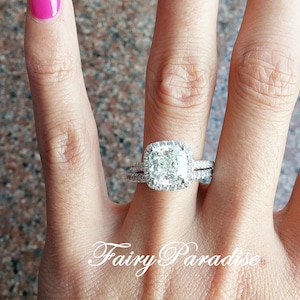 3 Carats Cushion Halo Engagement Ring Bridal Set in Sterling