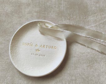 Personalised wedding ring holder with names and date, round ring dish, classic ceremony ring holder