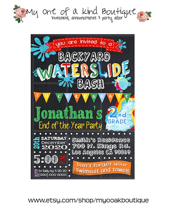 waterslide party bash invitation end of the school year pool etsy