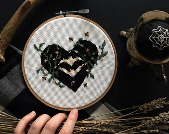 Dark Spring Cross Stitch Pattern / Digital Download / spooky season / creepy art / Halloween decor / bats / cottagecore / gothic / witchy