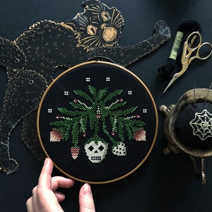 Thistles and Deadberries Cross Stitch Pattern / Digital Download / skull / strawberry / spooky season / creepy art / Halloween decor / image 1