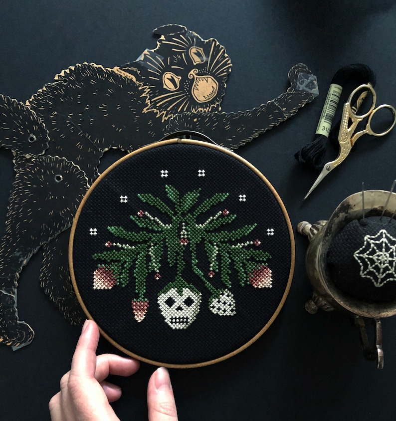 Thistles and Deadberries Cross Stitch Pattern / Digital Download / skull / strawberry / spooky season / creepy art / Halloween decor / image 1