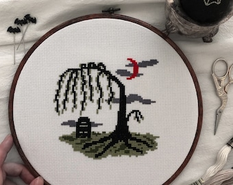 Blood Moon Weeping Willow Cross Stitch Pattern / spooky season / creepy art / Halloween decor / grave / headstone / memento mori / victorian
