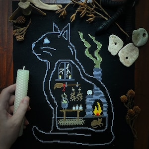 Witch&#39;s Cat Digital Cross Stitch Pattern/ dark aesthetic / gothic / haunted house / spooky season / halloween decor / creepy art / feline /