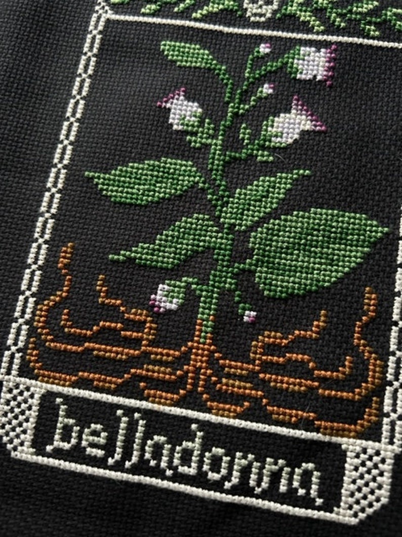 May include: A black and white cross-stitch design of a plant with green leaves and purple flowers. The plant is labeled "belladonna".