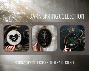 Dark Spring Cross Stitch Pattern Set/ Digital Download/ Memento Mori /Cottage Core / Bat / Thistles / soft goth /goth / gothic