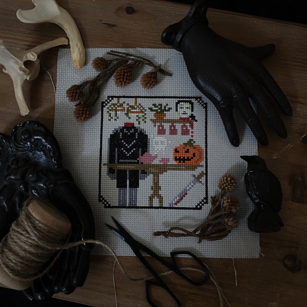 Headless Horseman Cross Stitch Pattern / Digital Download / Sleepy Hallow / Ichabod Crane / spooky art / creepy / Halloween / jack-o-lantern