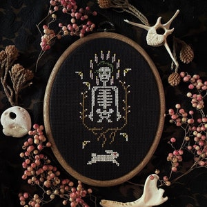 Patron Saint of Abandoned Gardens Cross Stitch Pattern / spooky season / Halloween decor / gothic / creepy art / skeleton / dark aesthetic