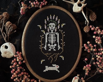 Patron Saint of Abandoned Gardens Cross Stitch Pattern / spooky season / Halloween decor / gothic / creepy art / skeleton / dark aesthetic