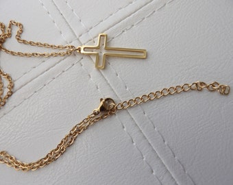 Small "Gold" Stainless Steel Cross and 18-inch  Chain, Cross Pendant Measures 1.0X 5/8 inches.