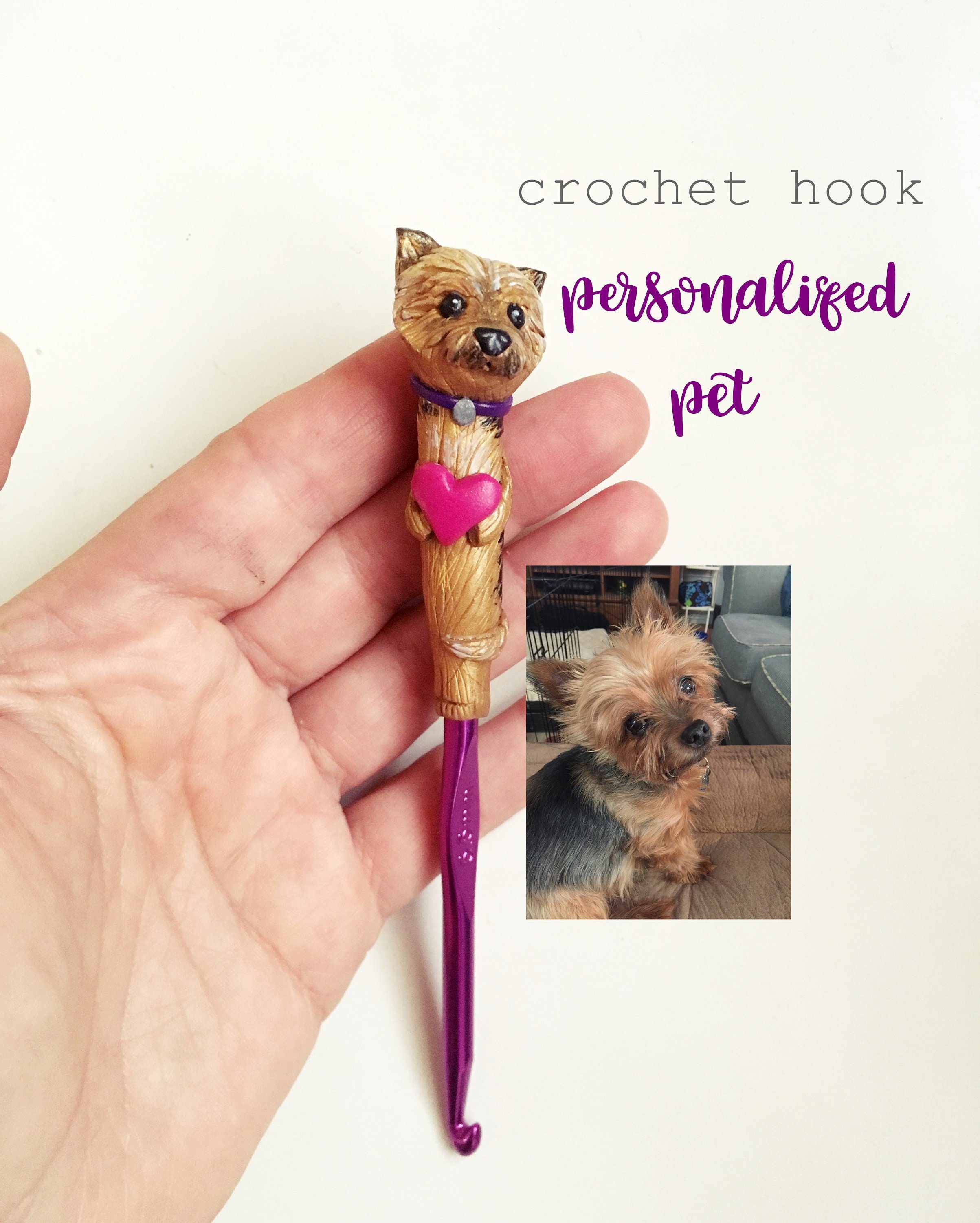 You and Dog Crochet hook Custom figurine Polymer clay Dog lover gift Keepsake crochet gift Crochet tools Custom Handmade