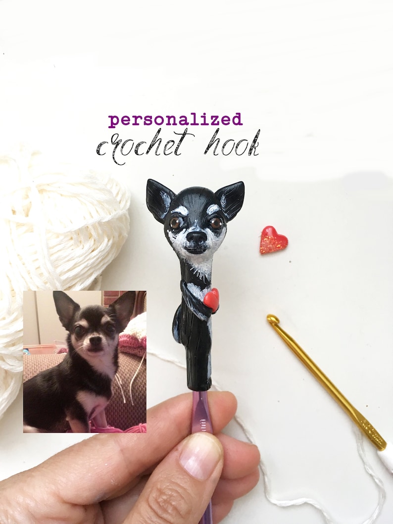 Personalized Chihuahua Crochet hook Custom pet Figurine Crochet supplies Dog Cat figurine crochet hook Unique gift for Crochet lover
