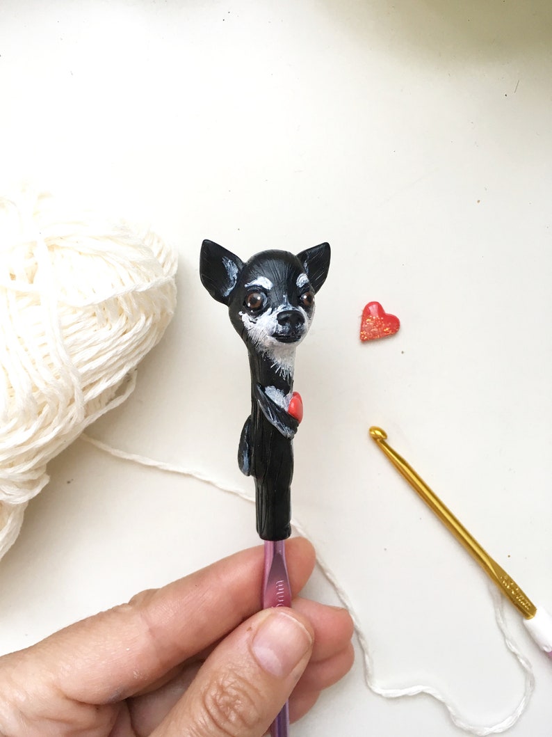 Personalized Chihuahua Crochet hook Custom pet Figurine Crochet supplies Dog Cat figurine crochet hook Unique gift for Crochet lover