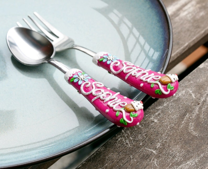 Cupcake Design Gift for Girl Custom Spoon and Fork Red Cutlery Set Gift for Cake Lover Baby Girl Birthday Gift Personalized Kids Gift