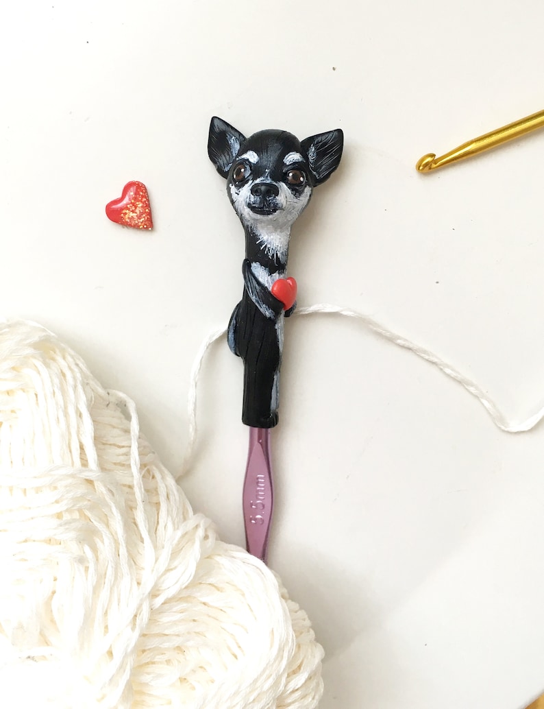 Personalized Chihuahua Crochet hook Custom pet Figurine Crochet supplies Dog Cat figurine crochet hook Unique gift for Crochet lover
