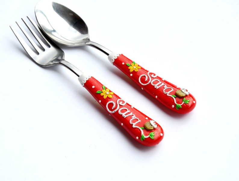 Cupcake Design Gift for Girl Custom Spoon and Fork Red Cutlery Set Gift for Cake Lover Baby Girl Birthday Gift Personalized Kids Gift