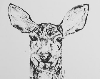 PRE ORDER: Doe-eyed deer Illustration, mounted print in black ink