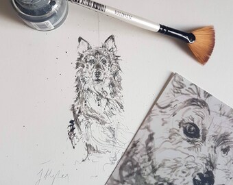 Pet portrait commission in black or grey ink: dog drawing/cat artwork