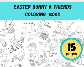May include: A black and white coloring book with 15 pages featuring Easter bunnies, chicks, and other spring-themed illustrations. The cover features the text "Easter Bunny & Friends Coloring Book".