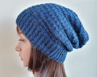 Blue Wool Hat. Slouchy Wool Hat. Soft, Warm Wool Hat. Chunky Knit Snowboarding Hat. Blue Hipster Hat. Handmade, Knitted Warm Wool Winter Hat