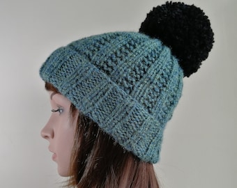 Blue Wool Hat. Chunky Pom Pom Beanie.  Blue Ribbed Bobble Beanie. Warm Wool Beanie. Blue Snowboarding Hat. Handmade, Knitted Warm Winter Hat