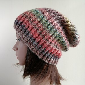 Colourful Wool Beanie.  Slouchy Wool beanie.  Chunky Wool Beanie. Wool Ribbed Hat. Warm Snowboarding Hat. Handmade, Knitted Warm Winter Hat.