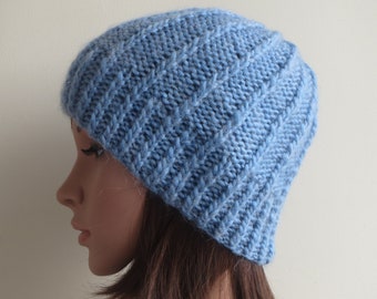 Pure Wool Hat. Blue Chunky Ribbed Wool Beanie. Soft and Warm, Blue Brushed Wool Snowboarding Beanie. Handmade and Knitted Warm Winter Hat