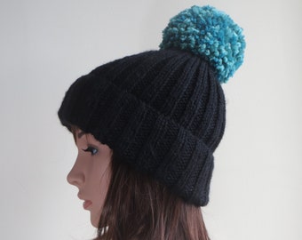 Black Wool Hat. Black Wool Pom Pom Hat. Black Wool Bobble Hat. Black Chunky Knit Ribbed Snowboarding Hat. Handmade, Knitted Warm Winter Hat.