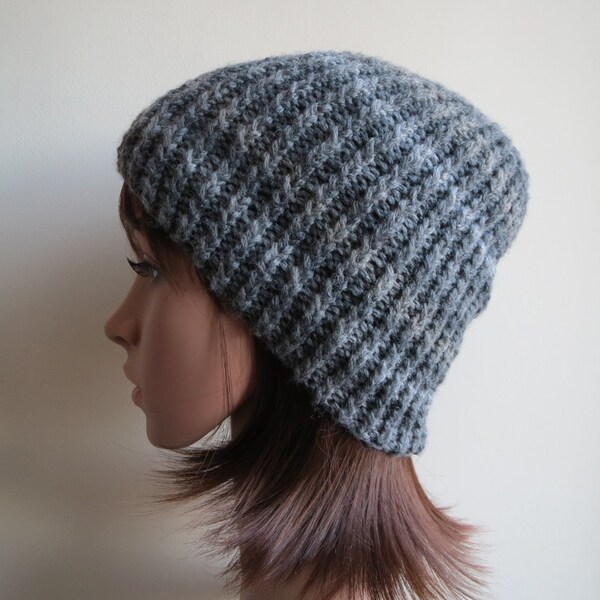 Grey Striped, Chunky, Slouchy, Ribbed Beanie Hat.  Handmade and Knitted, Chunky and Warm, Unisex Winter Beanie Hat.
