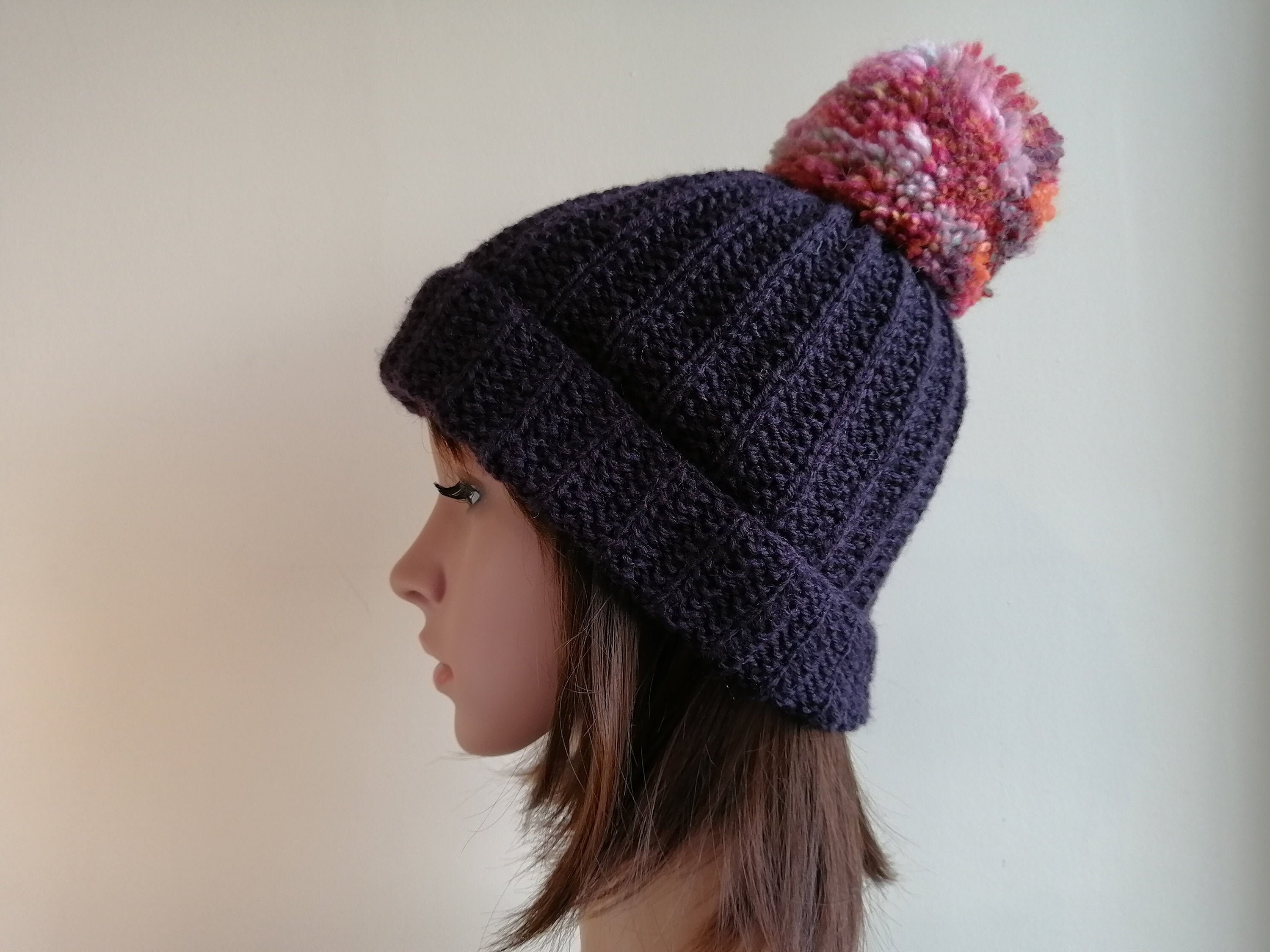 Purple Wool Pom Pom Hat. Purple Wool 