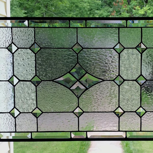 Transom Stained Glass Window Panel w/Bevels - Crystal Clear Glass Textures, apprx size 26" x 20"