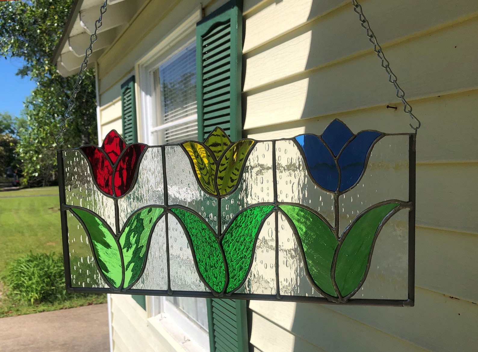 Stained Glass Window Panel Suncatcher Spring Tulips Approx Etsy