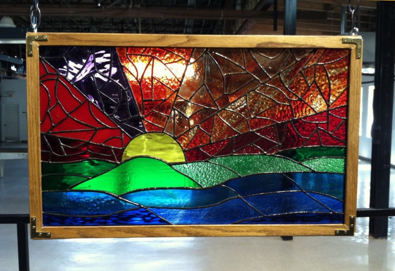 Stained Glass Abstract Sunset With Oak Frame Signed by | Etsy